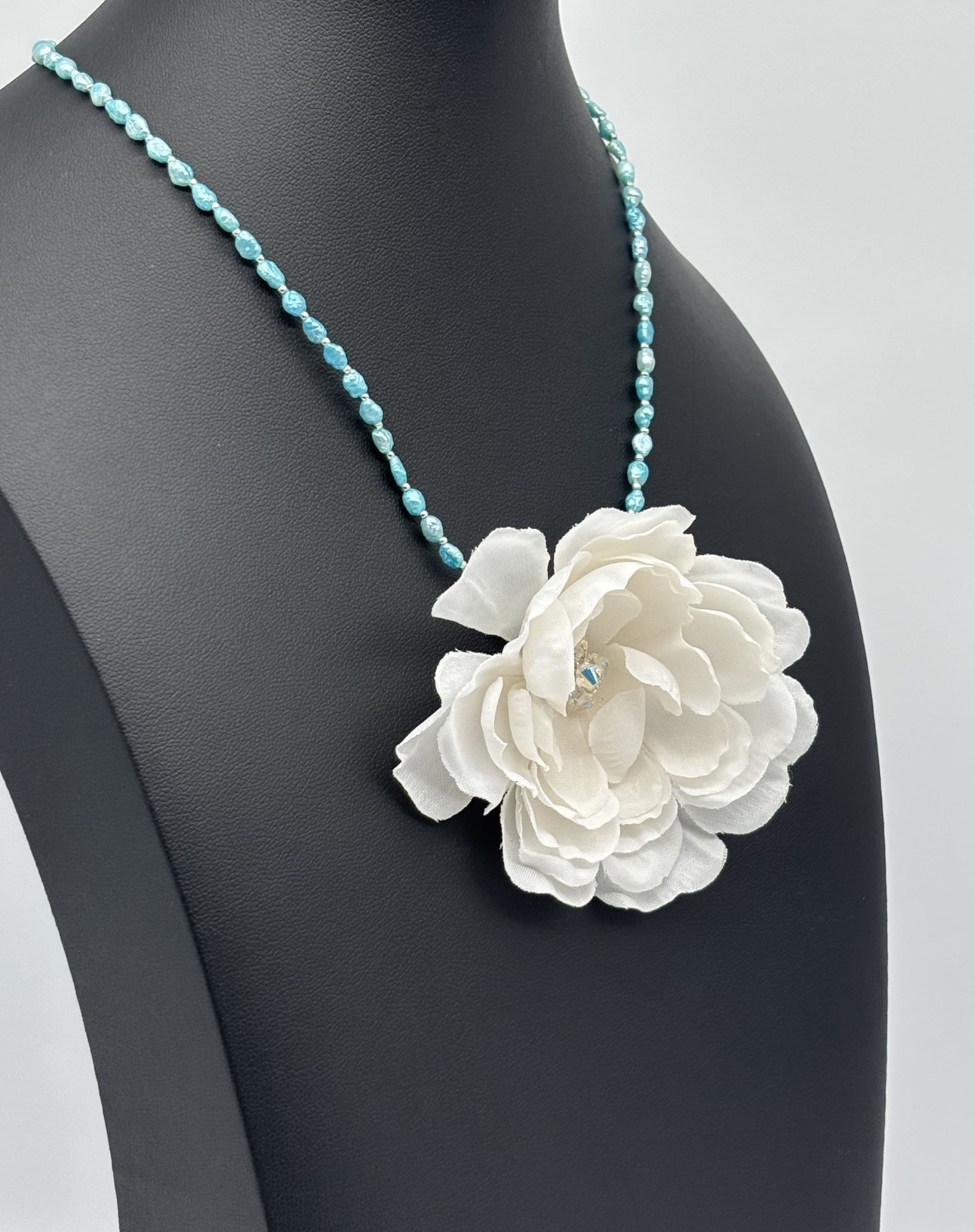 Artisan Necklace of Blue Vintage Rice Pearls and Fabric Rose Swarovski Crystals~