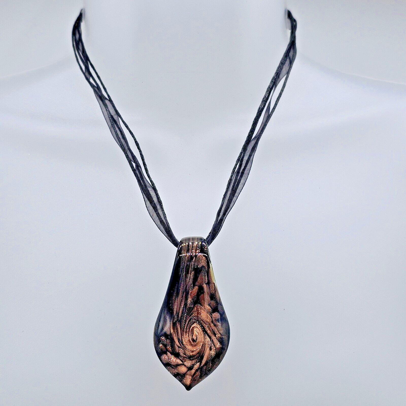 Copper Lampwork Necklace Art Glass Swirl Tear Drop Pendant Black Ribbon Chain