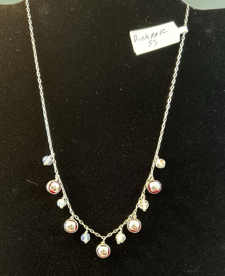 Handcrafted Dichroic Red And Blue Beaded Sterling Silver Necklace 16” Long