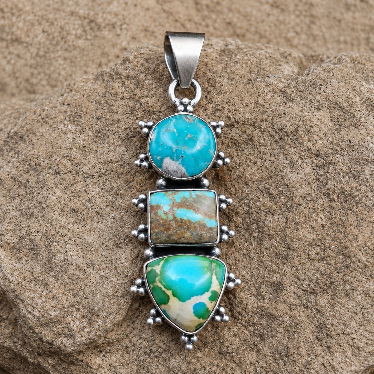 Southwestern 3 Stone Turquoise Pendant Royston Ribbon Sonoran Sterling Silver