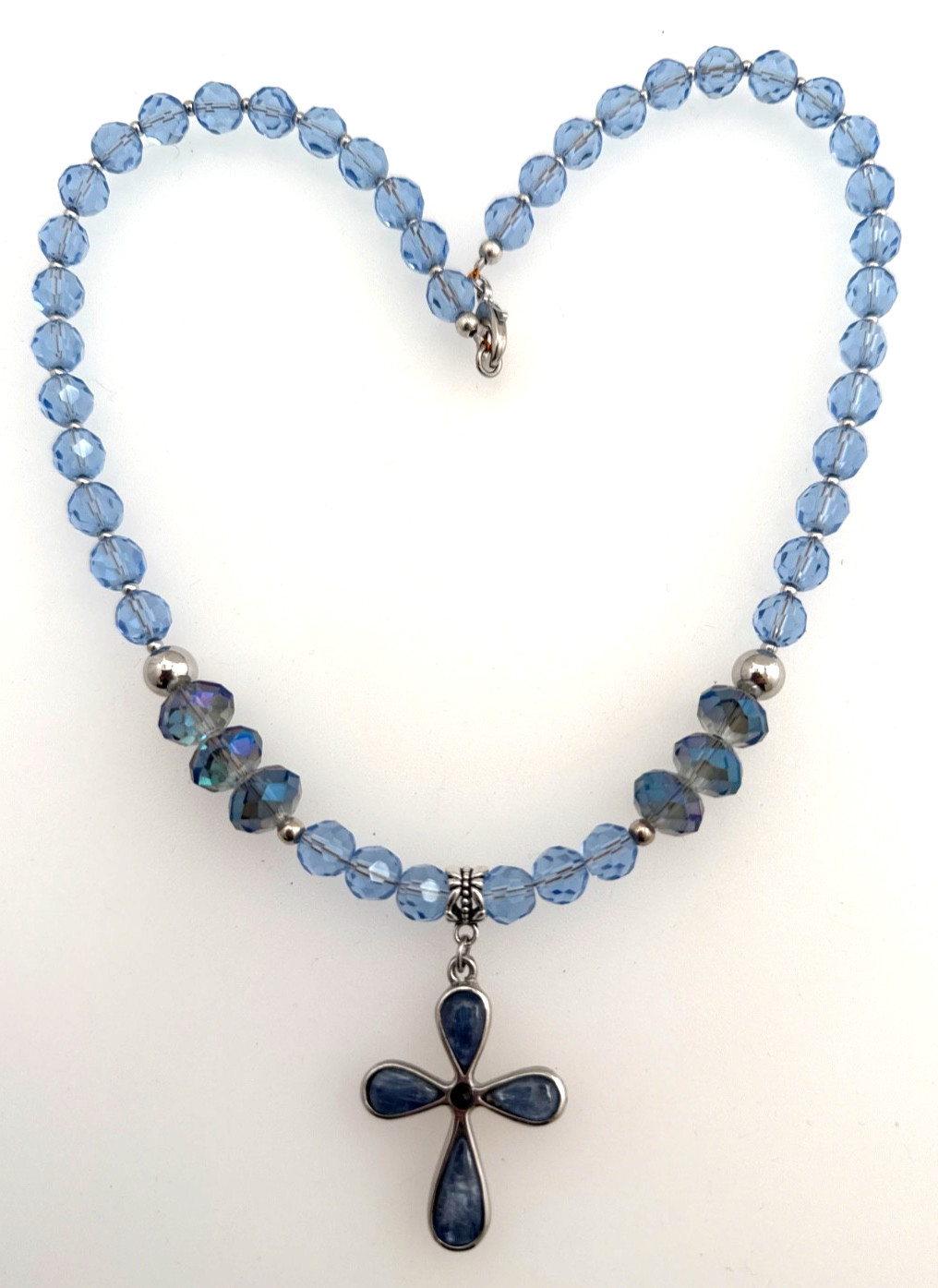 Rhodium 1 1/4″ x 1 3/4″ Apatite Cross Blue Crystal Beaded 19 1/2″ Necklace OA5