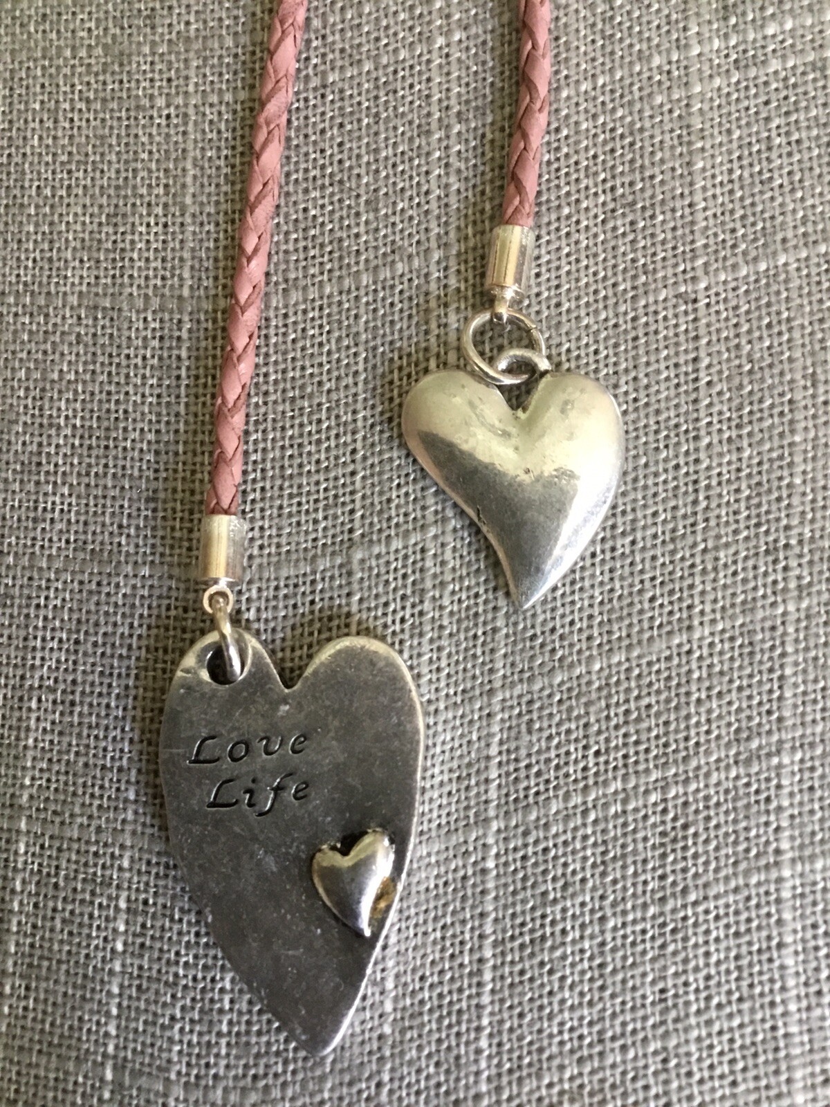 DiDDi Love Life Necklace Silver Tone Heart Pendants Mauve Tone Leather Cord