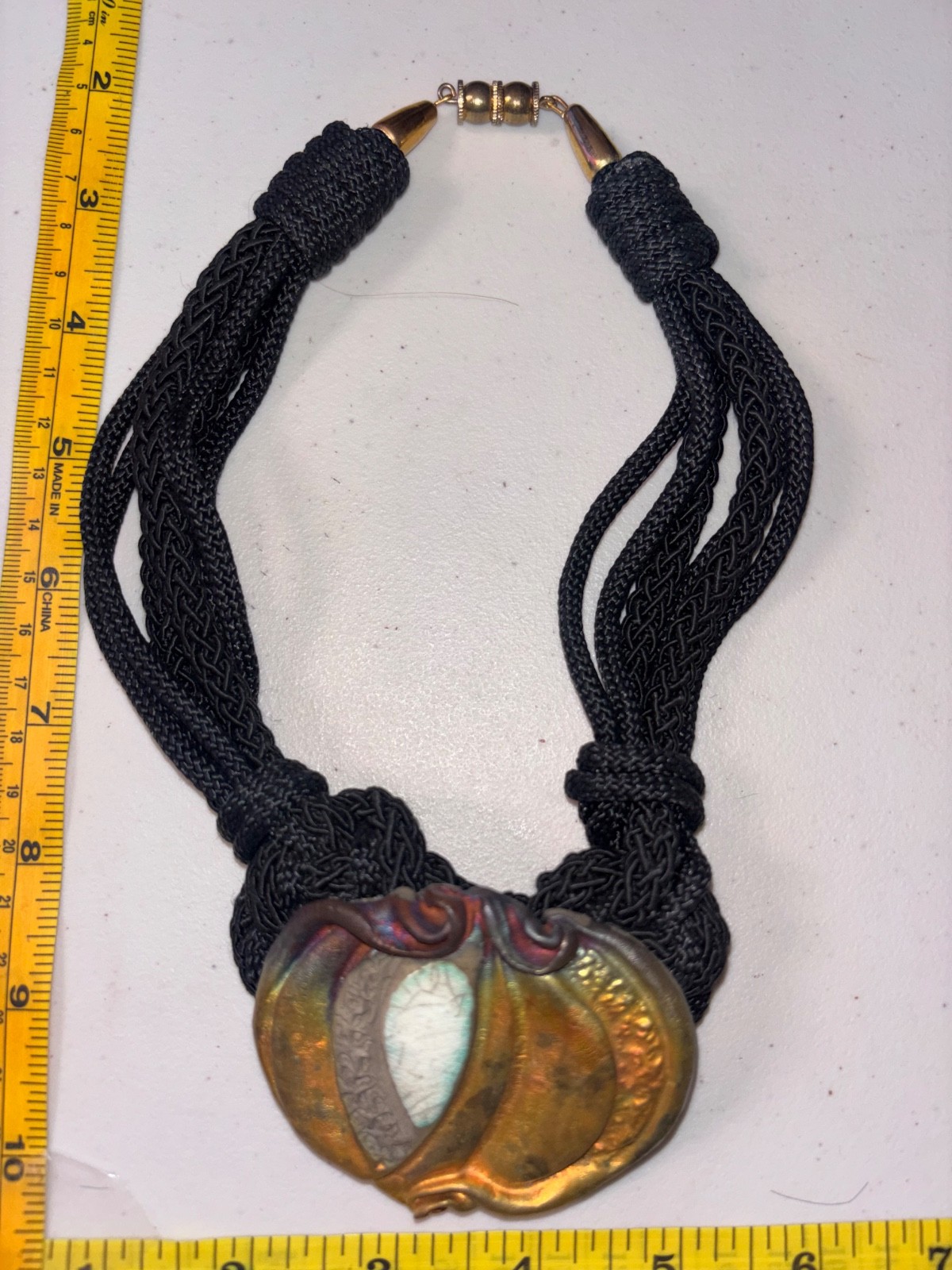 Statement Necklace Black Multi Strand Cord Art Pottery Pendant Raku Style