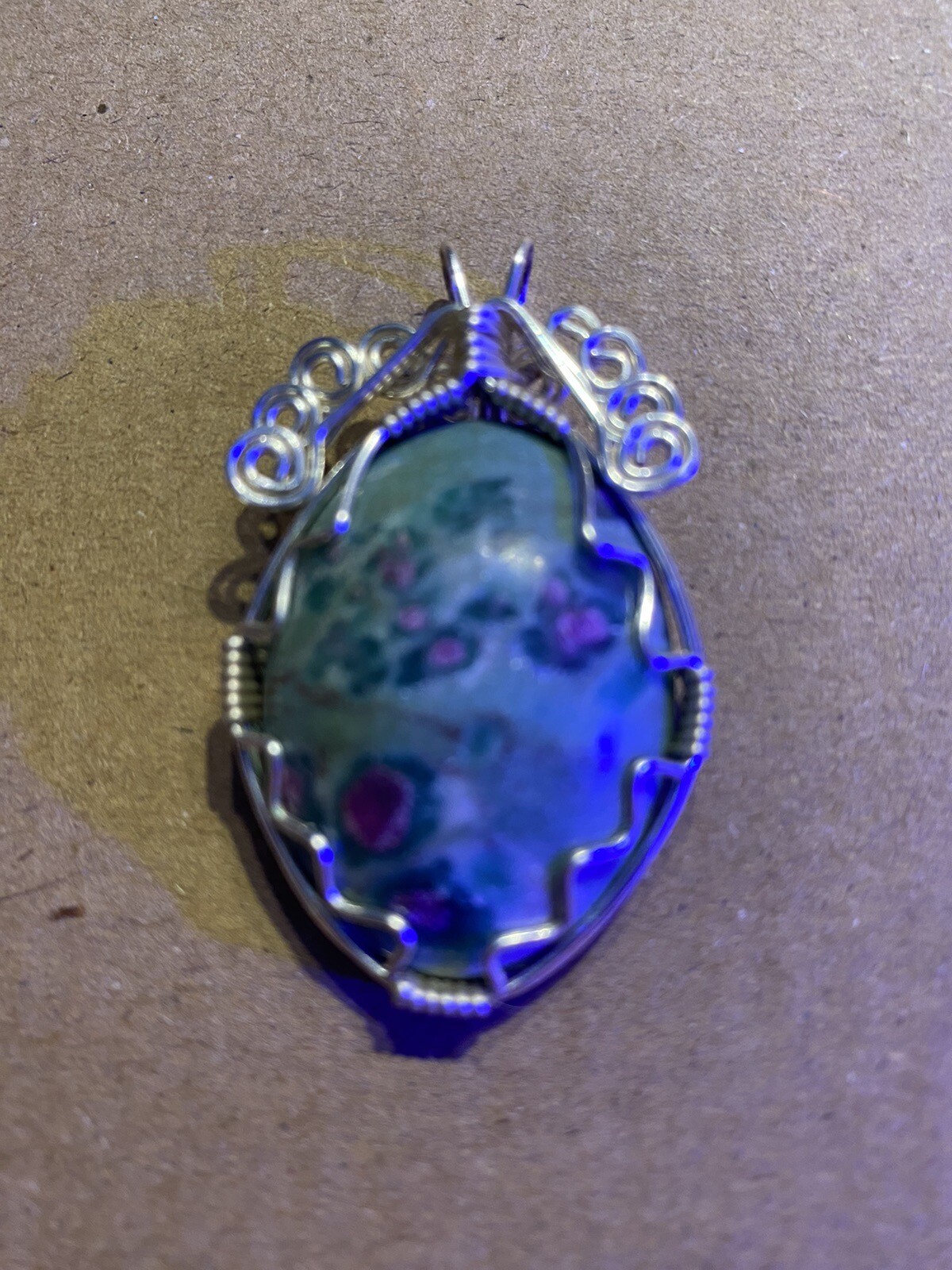 Ruby Fuschite Hand Wrapped Pendant Silver Wire, UV Reactive