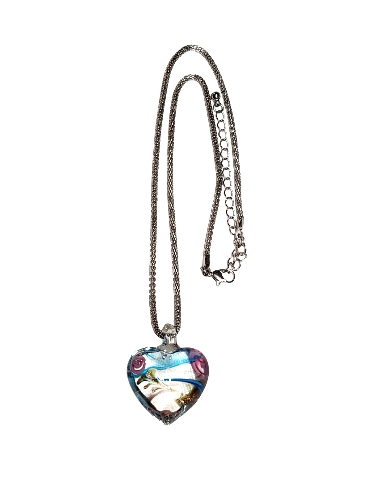 Artisan Hand Blown Glass Flower Blue Pink Heart Pendant Necklace 19″ Silver Tone