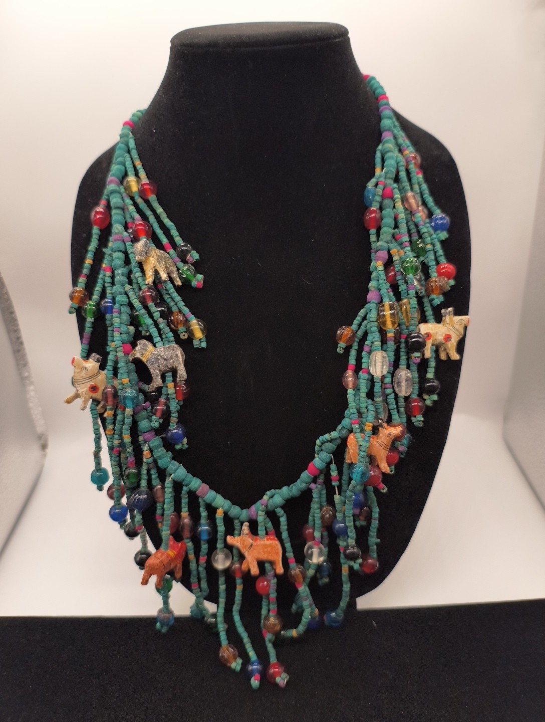 70’s/80’s Folk Art Necklace Clay Animals Art Glass and Wood Beads READ