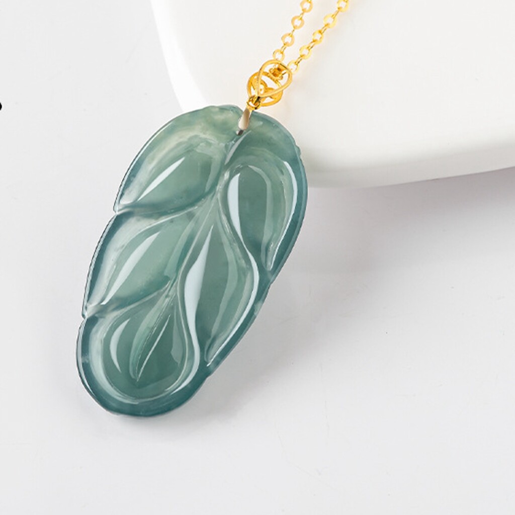 Certified Ice Green Natural A Jade jadeite 18K Solid Gold Leaf Pendant Necklace