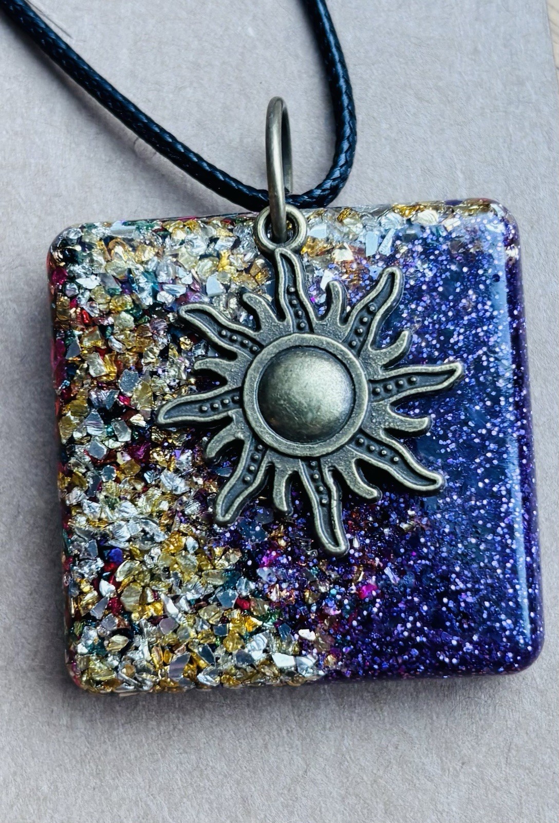 Handmade Celestial Sun Necklace Crushed Glass & Purple Galaxy Resin Pendant