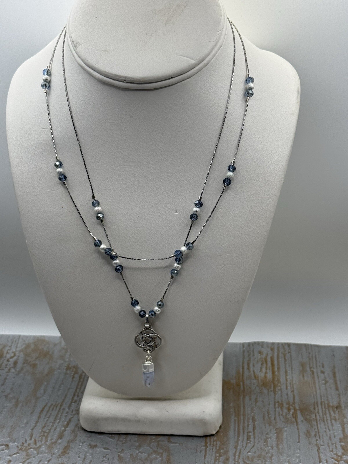 Blue Lace Agate Point Pendant On Silver Tone Coreana Chain, Matching Necklace