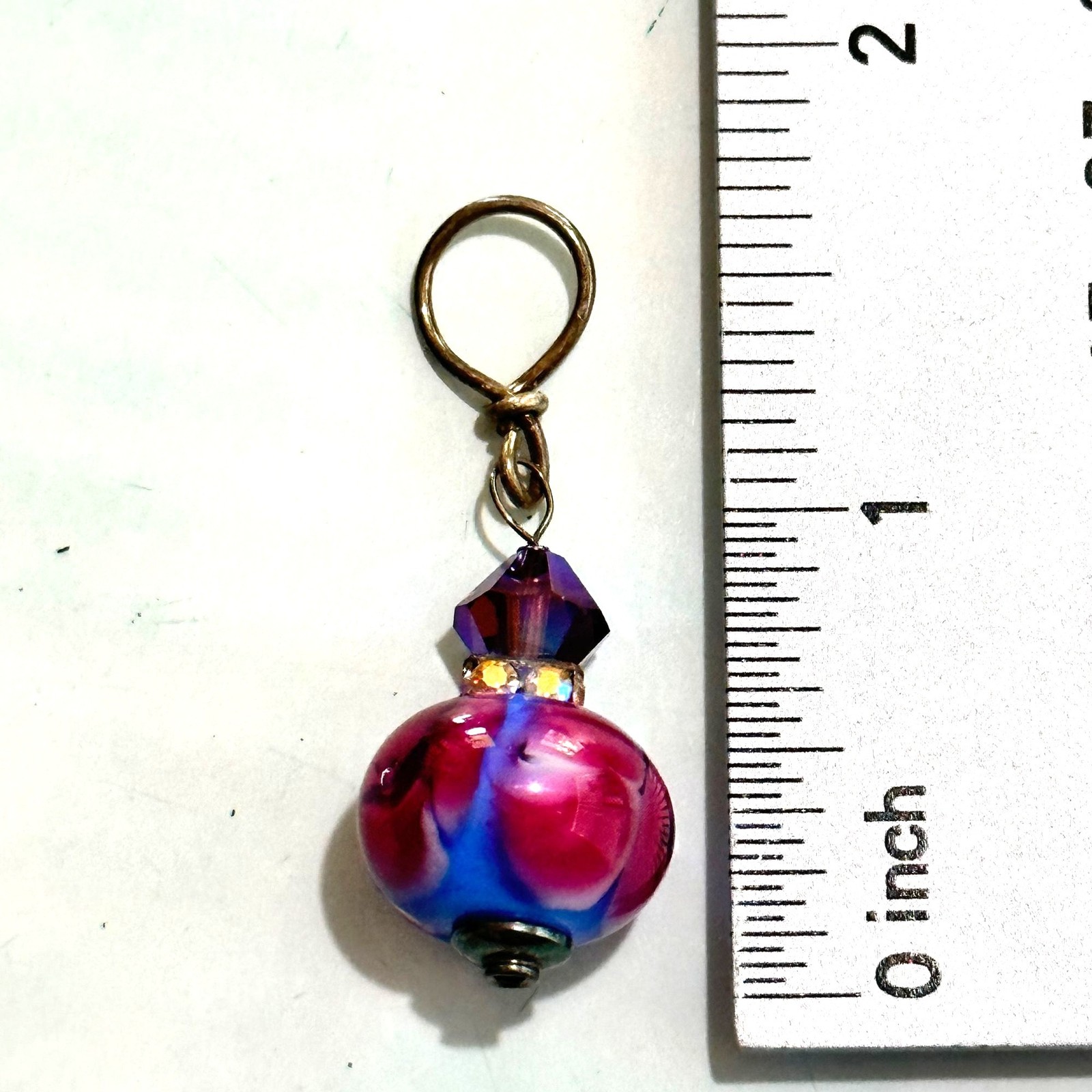 Lampwork Glass Bead Pendant Pink Blue Purple Rhinestones