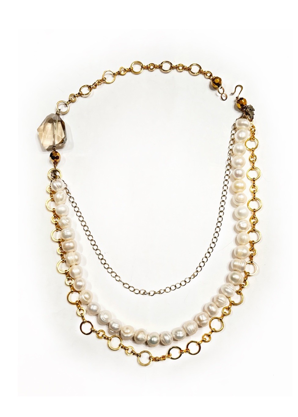 Artisan Handmade Multilayer Necklace: Pearls, Gold Filled Sterling, Smoky Quartz