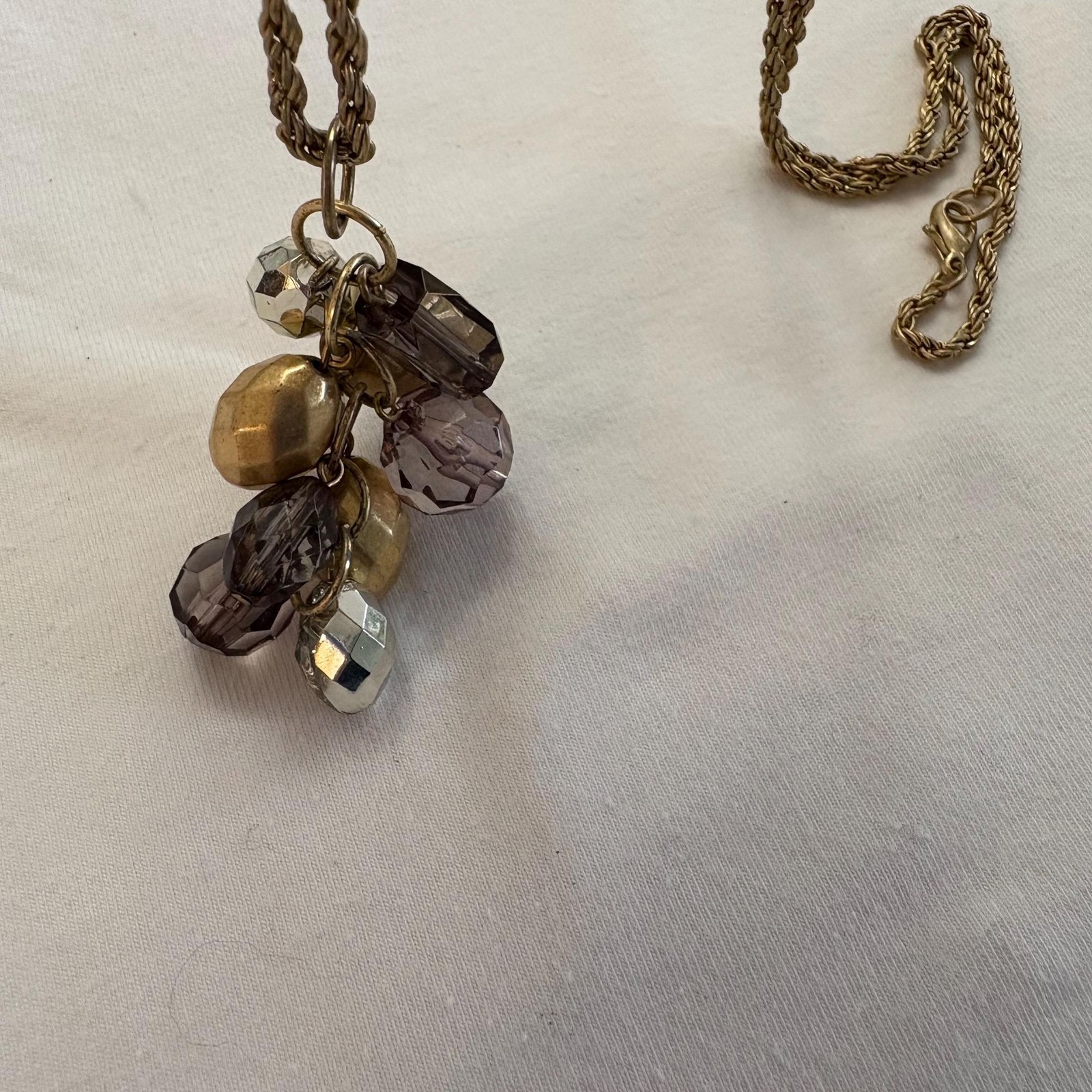 Cluster Pendant with silver, gold and taupe beads 30 inches