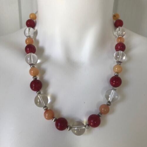 Handmade Necklace of Orange and Clear Quartz Crystal Beads with Red Sponge Coral