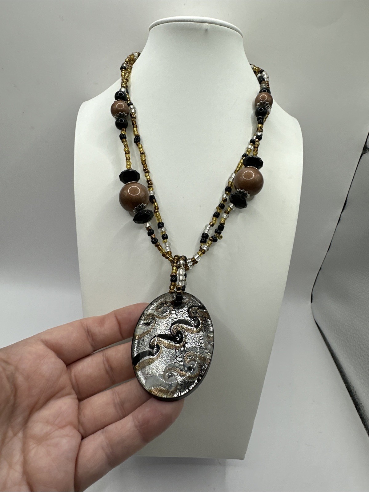 Murano Style Black & Gold Copper Swirl Art Glass Pendant Necklace 16-20”