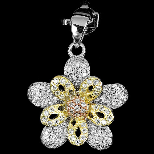 Micro Pavé Sparkling Lab CZs TRI COLOR Flower Gold on Sterling 18″ Necklace 925