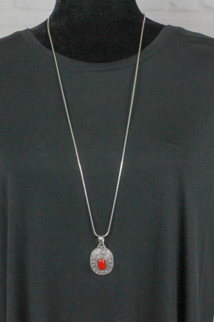 Red Stone Pendant & Silver Necklace32 Inch Rope Chain