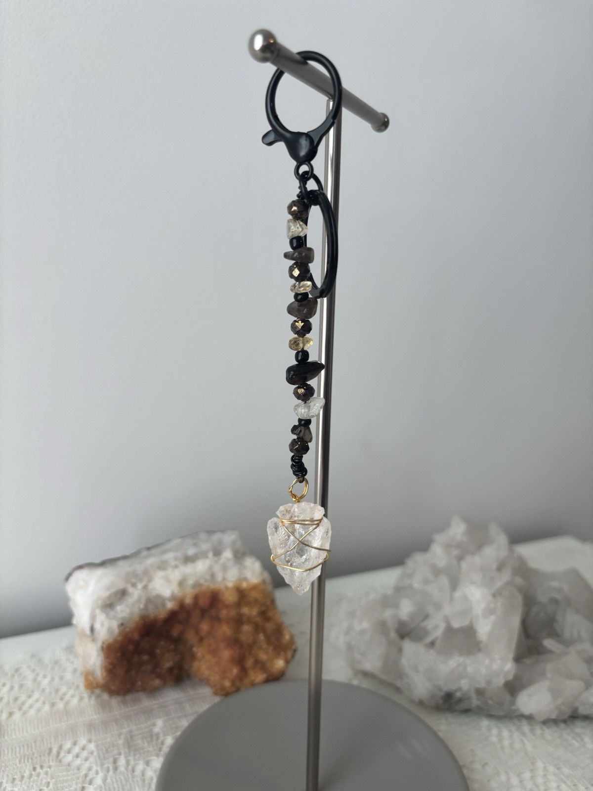 Quartz Arrowhead Beaded Keychain With Citrine And Smokey Quartz Charm