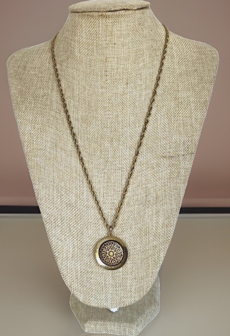 Vintage Damascene Medallion Pendant Necklace, 24″ Long Gold Plated