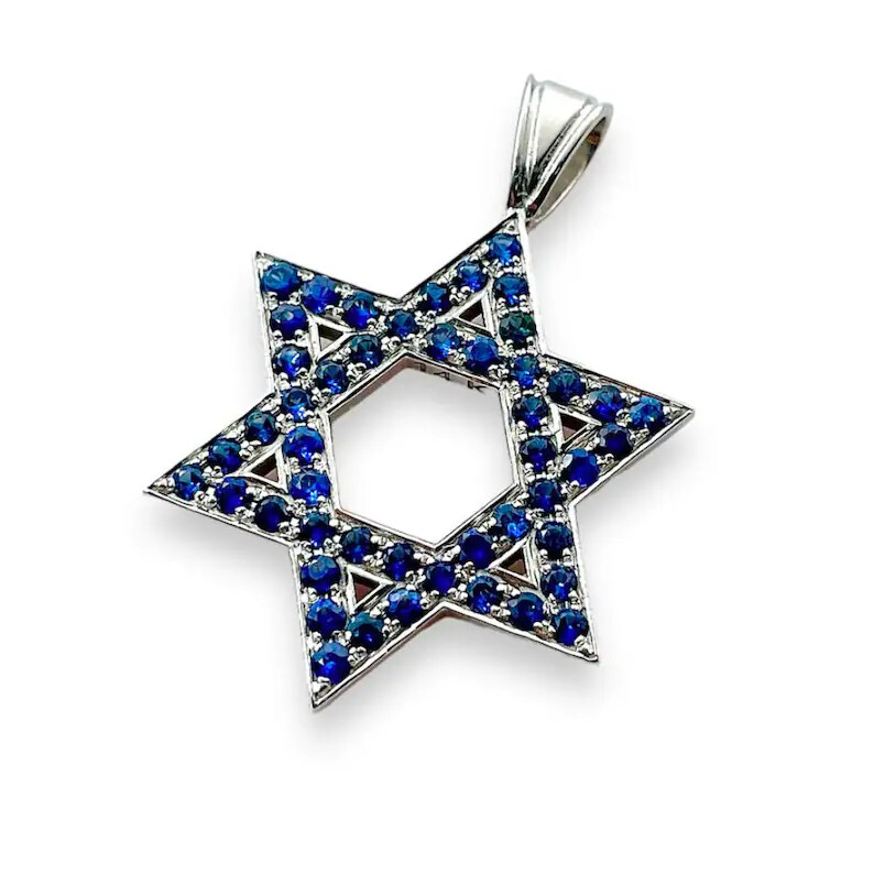1.91 Ct Blue Round Sapphire Star of David Charm Pendant 14k Gold Jewish Jewelry