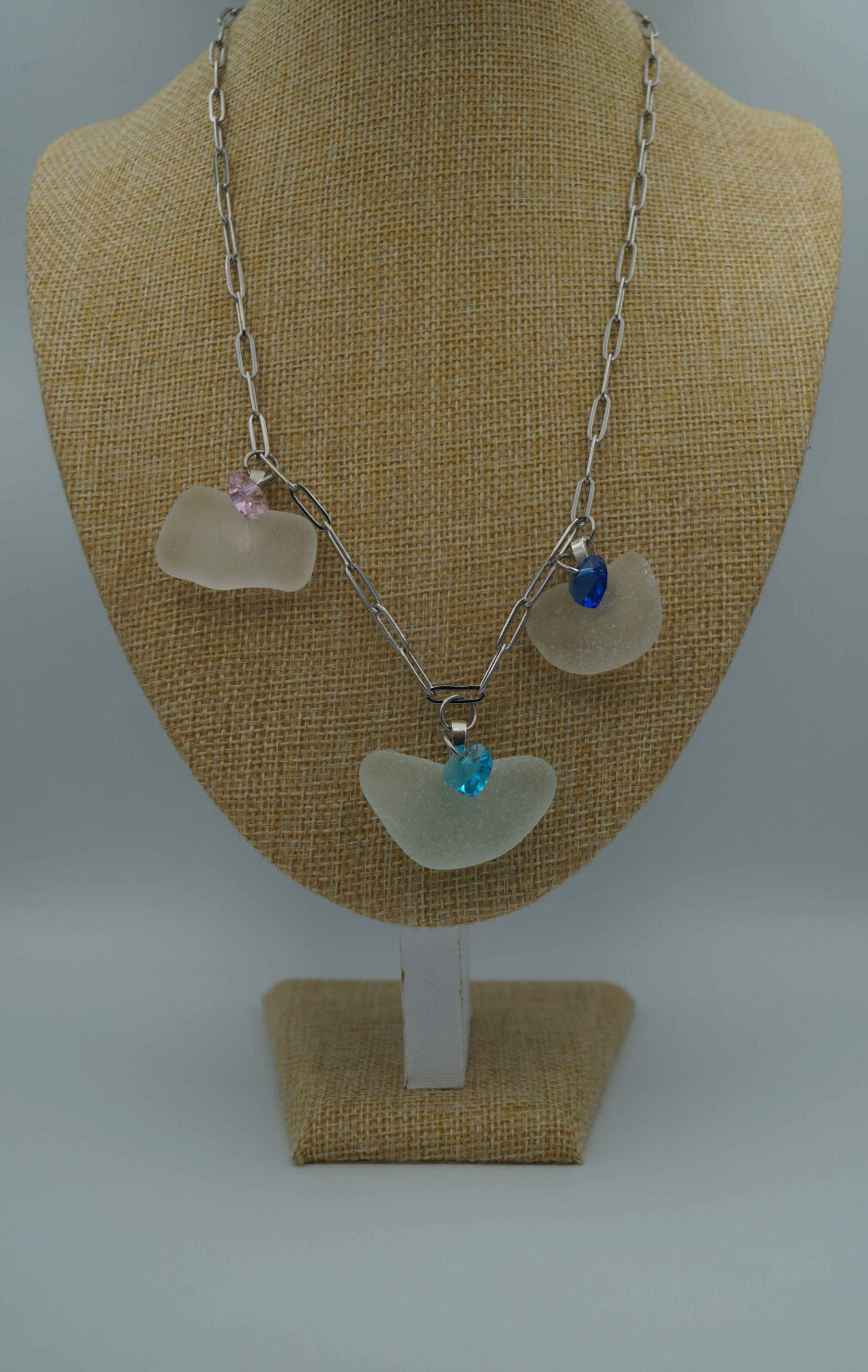Three Sea Glass Pieces & Heart Charms on Paperclip Stainless Steel Chain (P#136)