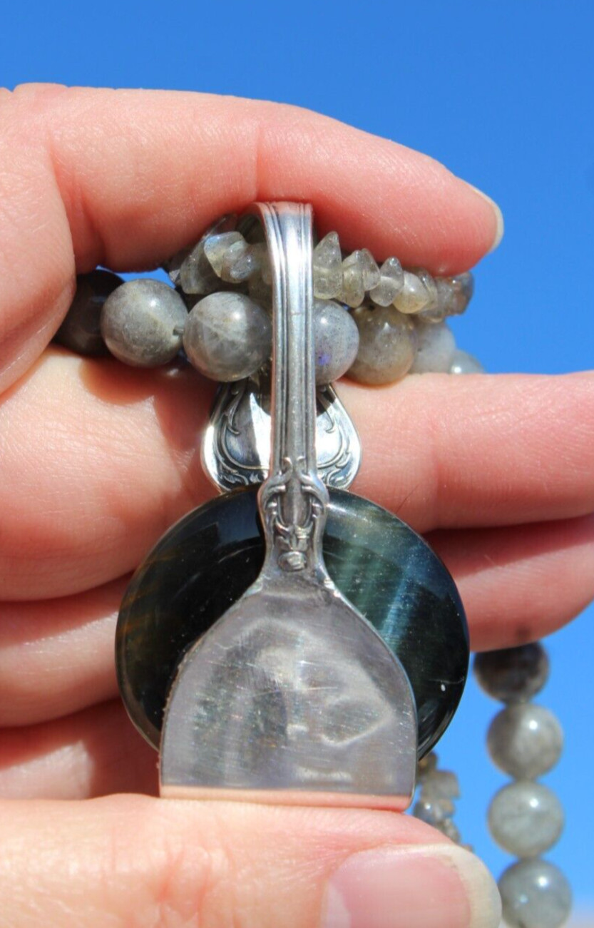 Black Tiger’s Eye Pendant. Setting is a Vintage Silver-Plated Demitasse Spoon.