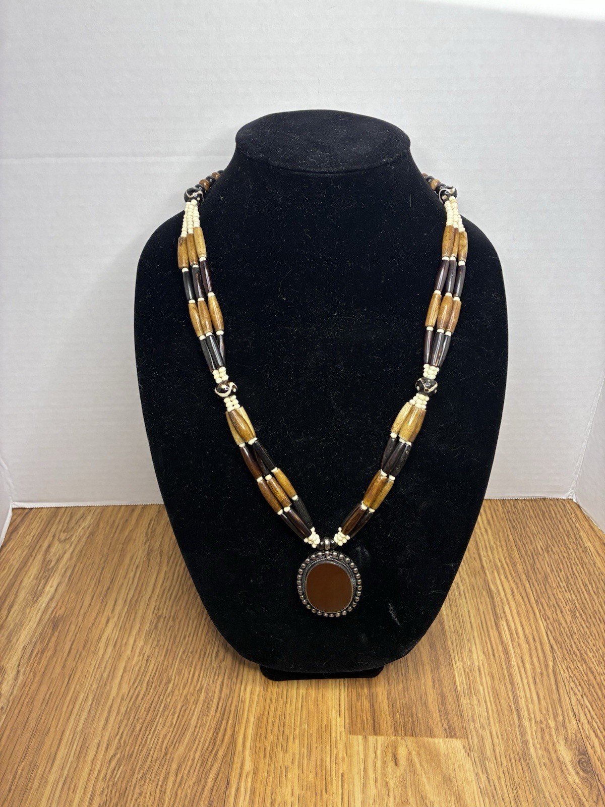 Western And Native American Style Brown And Black Beaded Necklace Boho Pendant.
