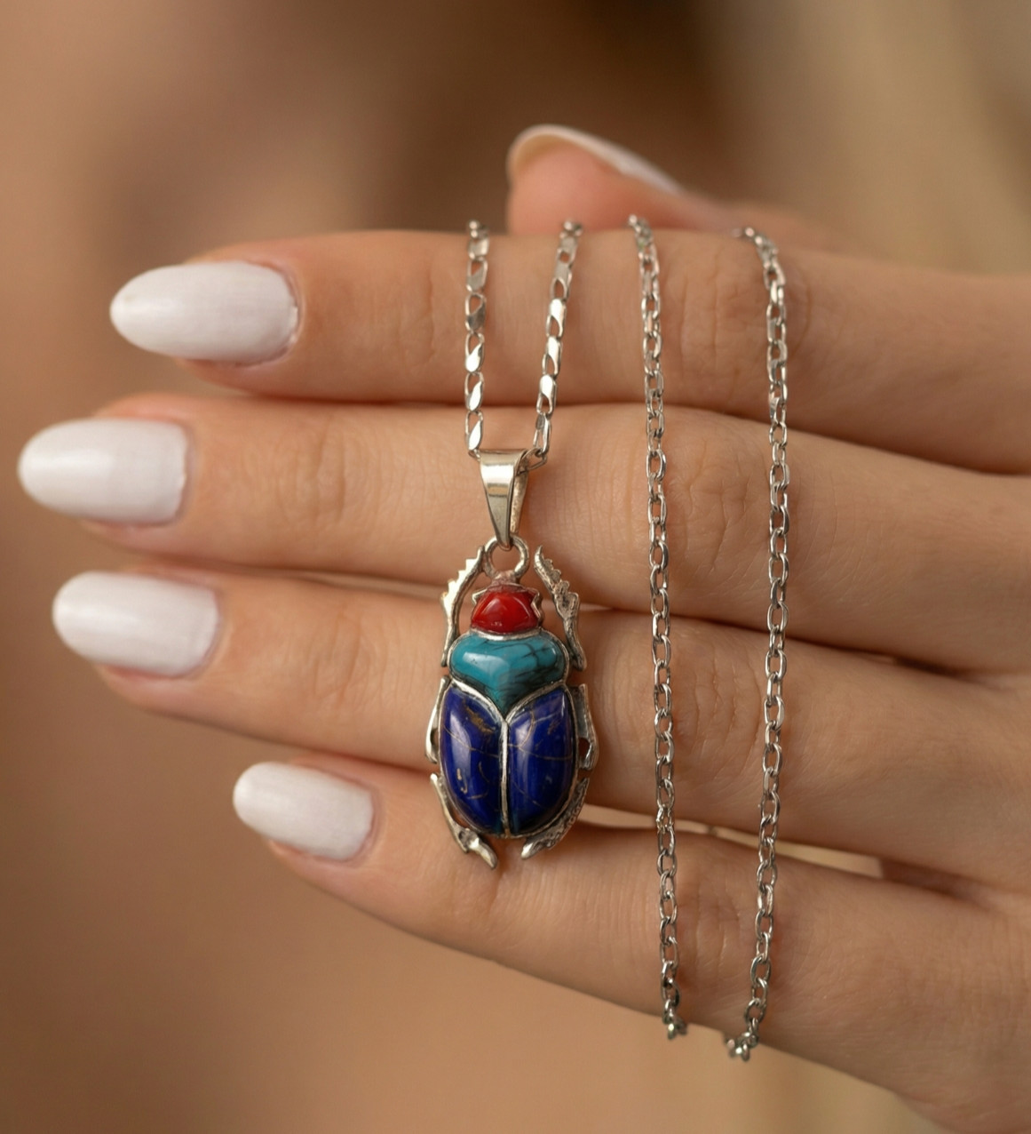 Royal Scarab Pendant in 925 Silver with Turquoise, Lapis & Red Stones