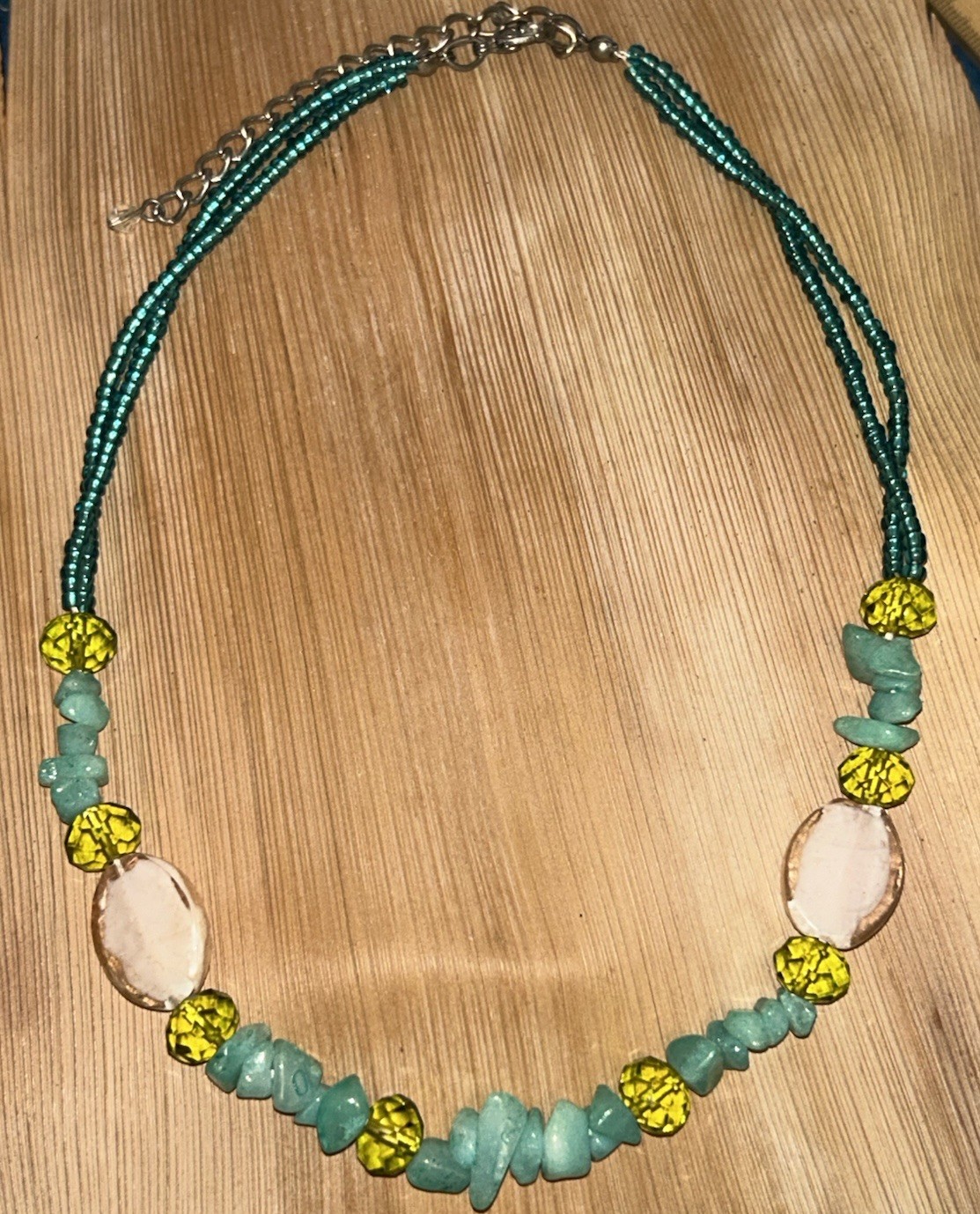 Handmade Boho Beach Teal Seed Bead Turquoise Chip Shell Statement Necklace 16″