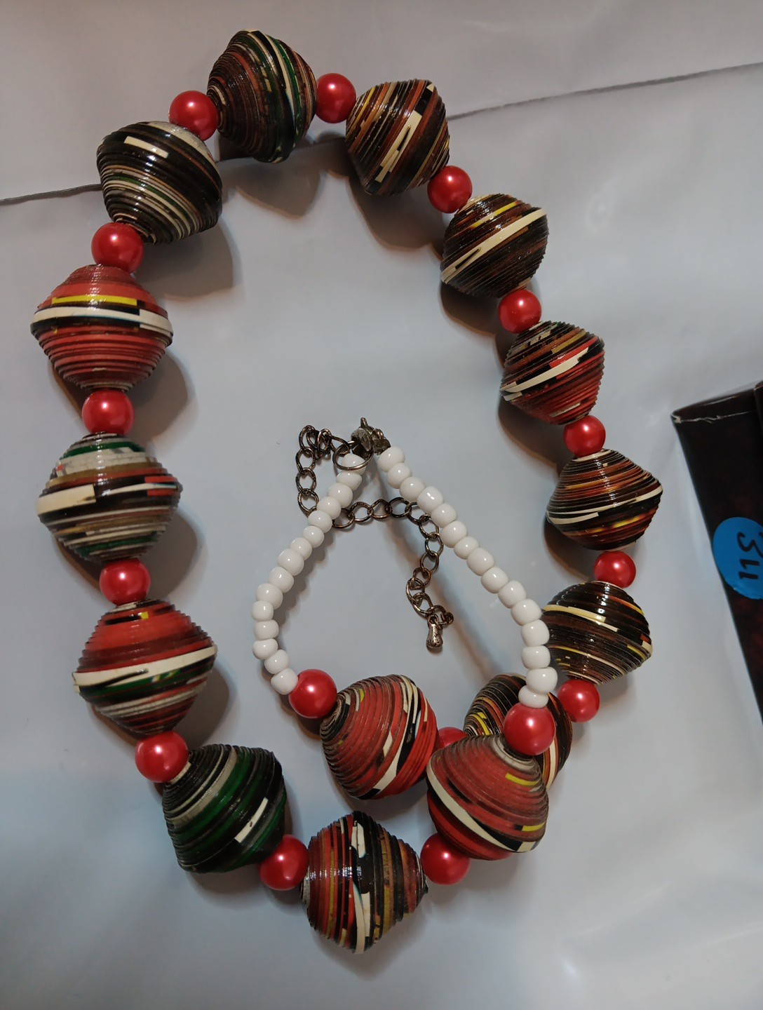 artisan-made, handmade beaded necklace chunky, rolled paper beads