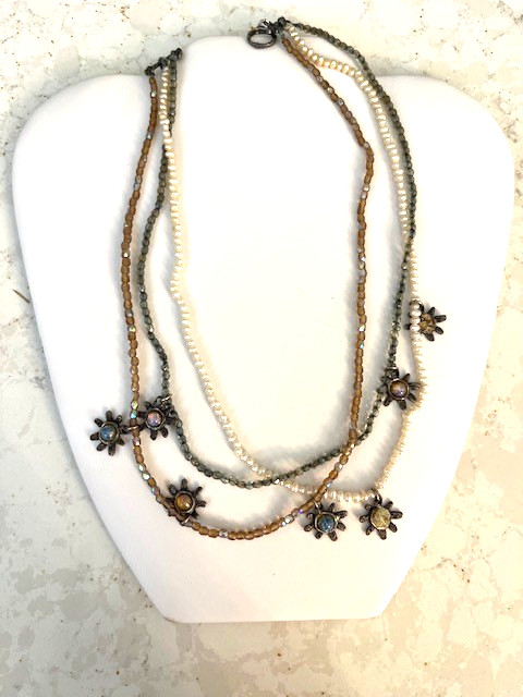 ONE OF A KIND WHITE SEED PEARL , CRYSTAL BEADS NECKLACE WITH ROMAN GLASS SS