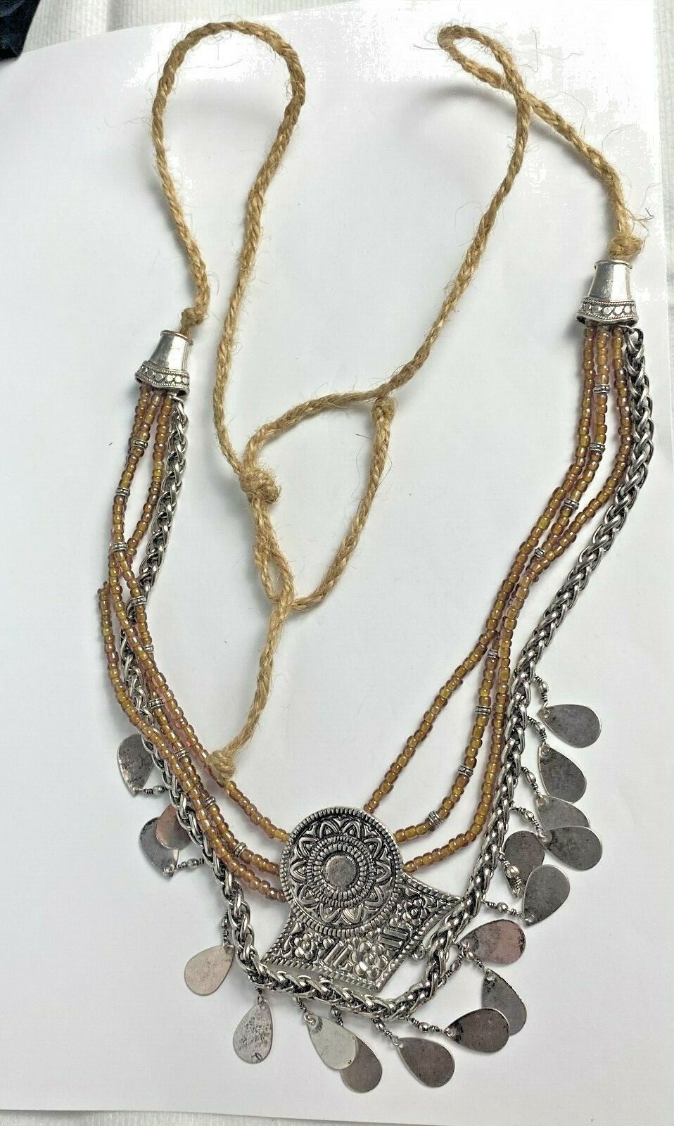 Costume Fashion Jewelry Necklace 18.5 in long twine & silver tone metal western