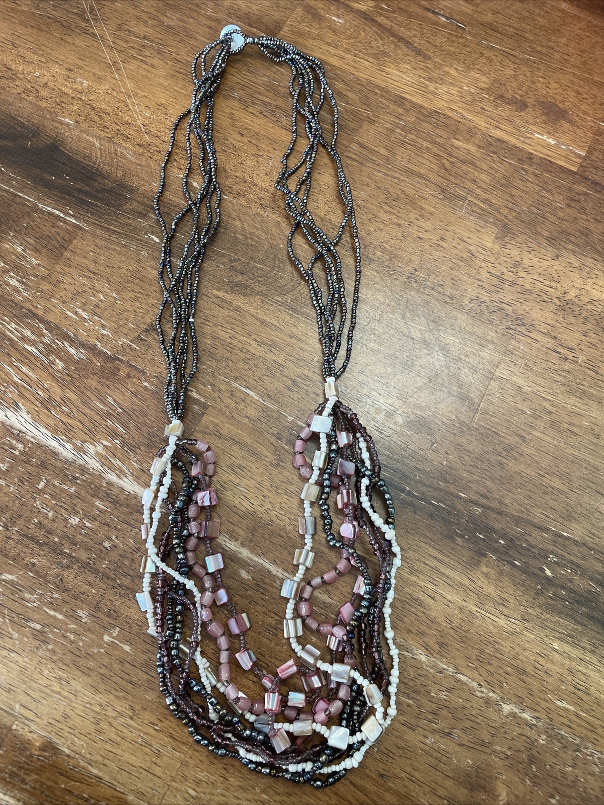 Bead Semi Precious Stone Multi-Strand Necklace, Pink, Black, And Off White
